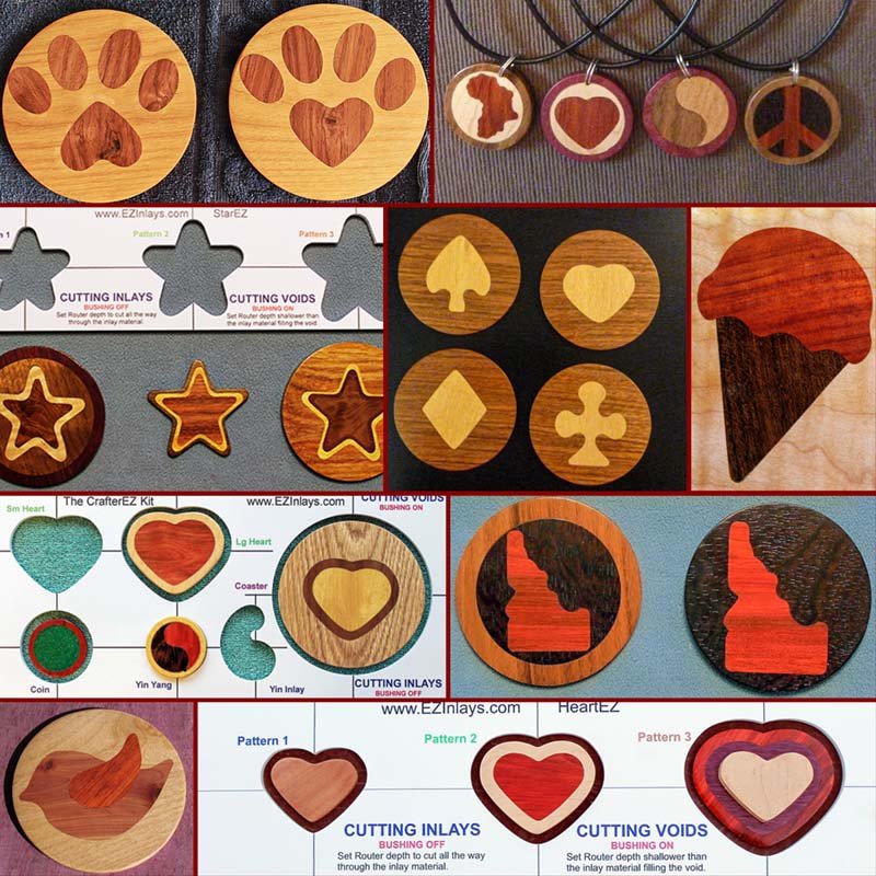 Collage of crafting inlay kits and templates
